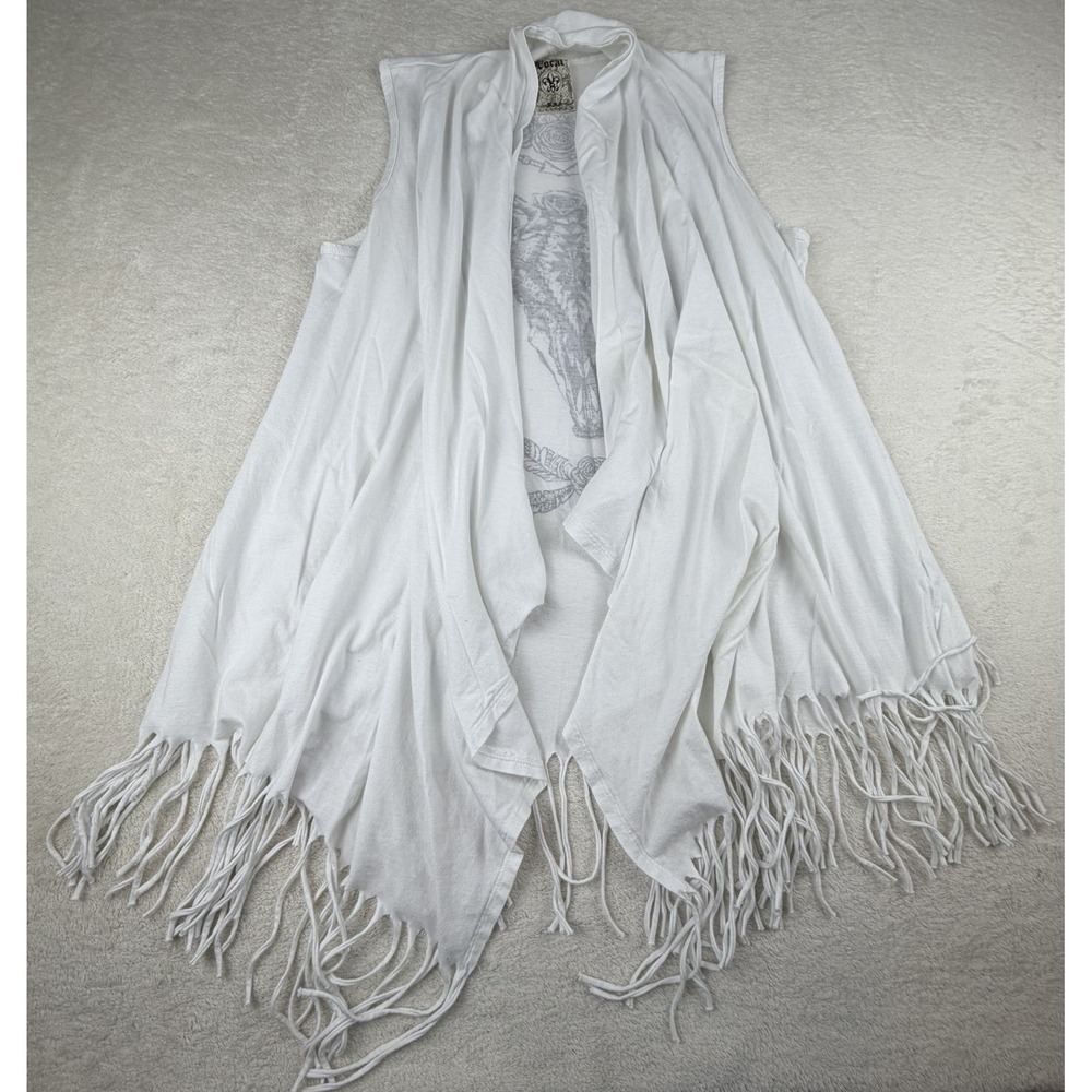 Vocal‎ USA Fringe Vest Medium White Boho Western Buffalo Skull Graphic Made USA